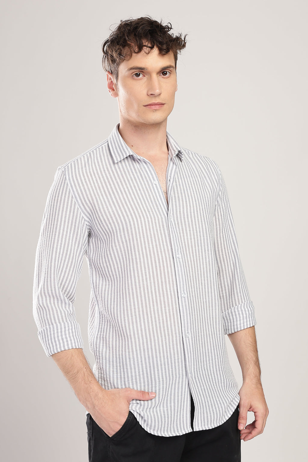 Men Linen Like Lining Shirt-Lt Grey