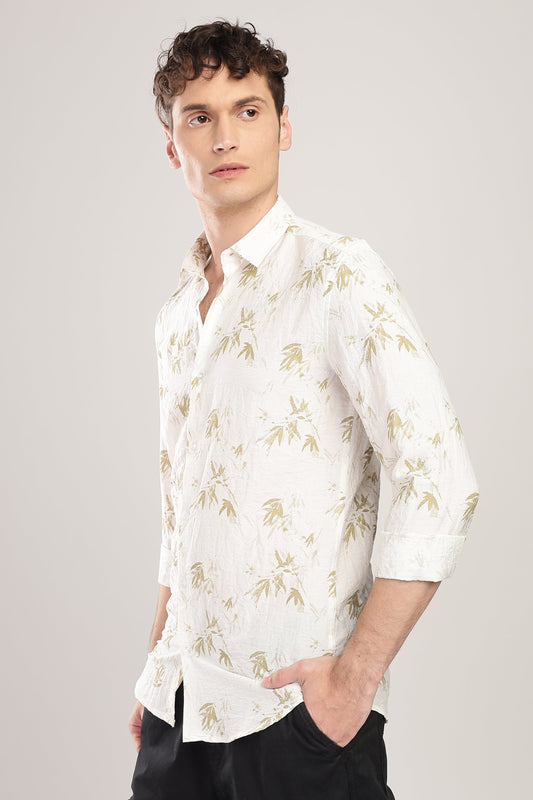 Men Linen Like Printed Shirt-White