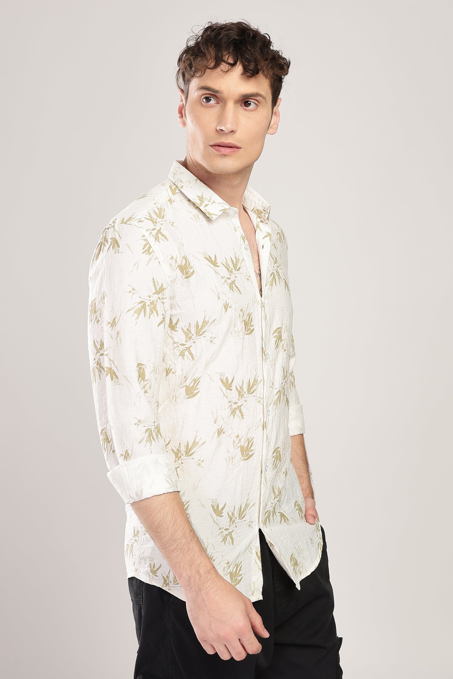 Men Linen Like Printed Shirt-White