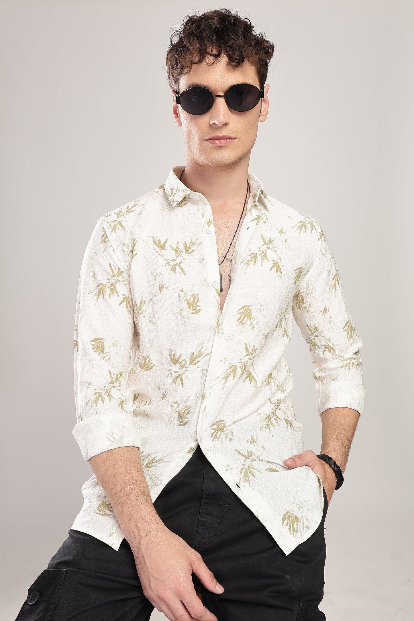 Men Linen Like Printed Shirt-White