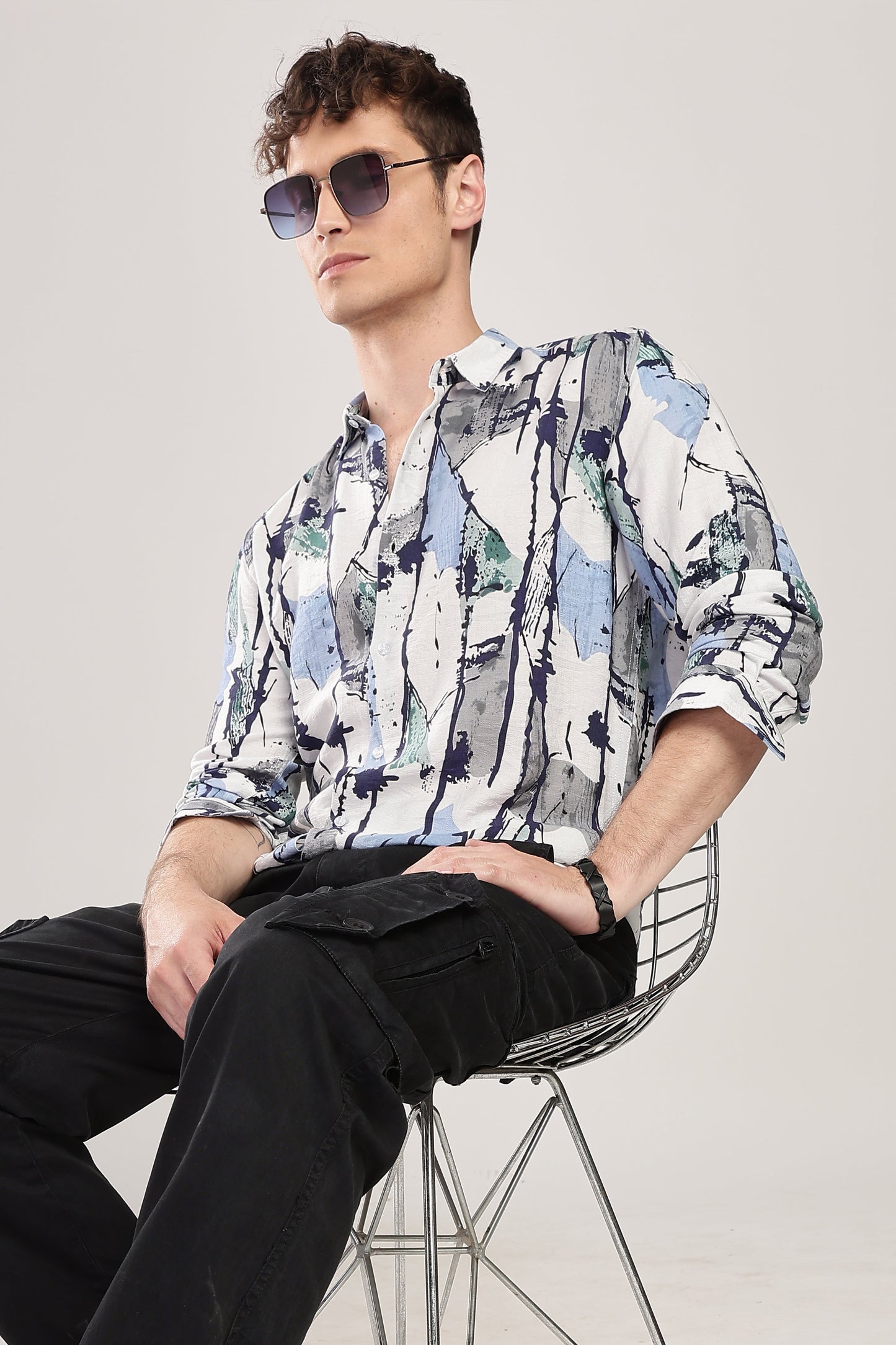 Men Nylon Abstract Print Shirts-Blue