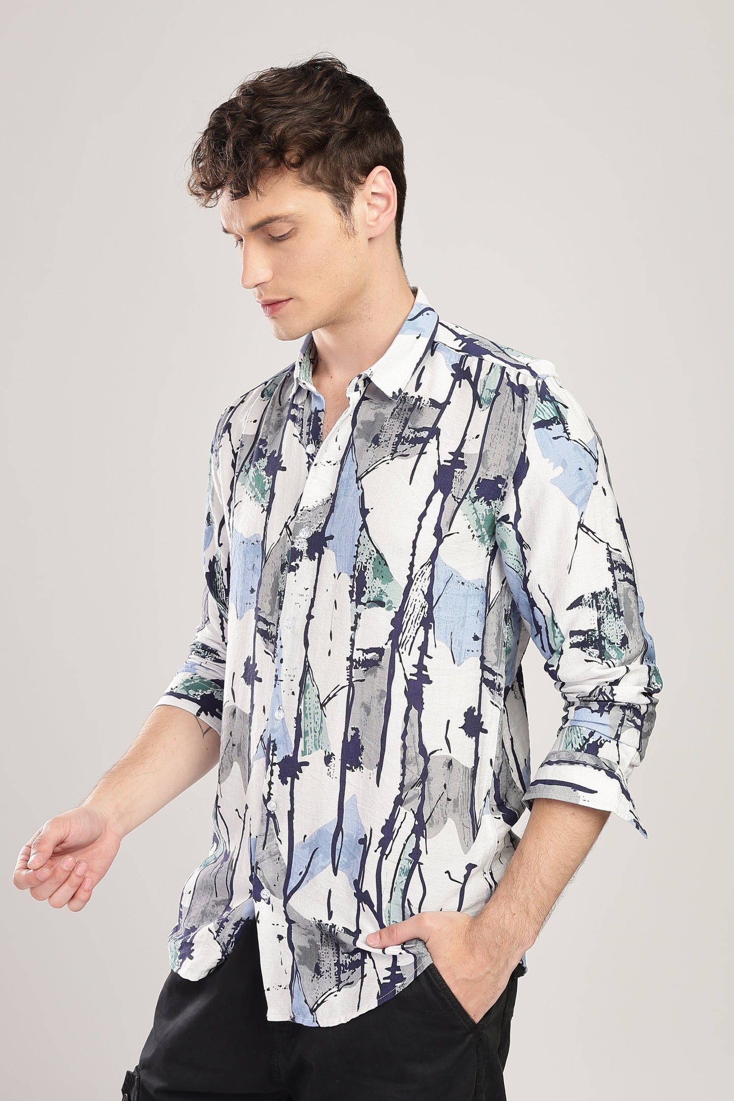 Men Nylon Abstract Print Shirts-Blue