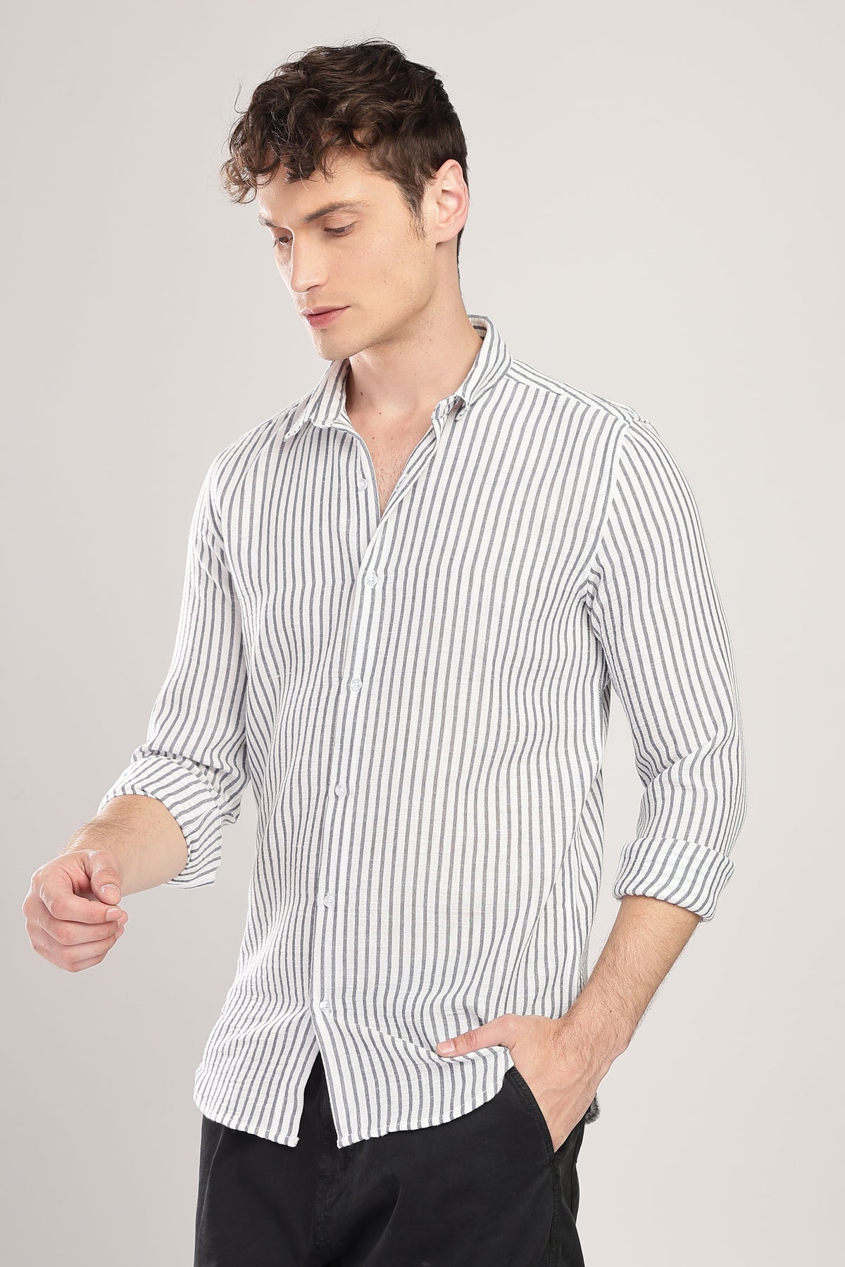 Men Linen Like Lining Shirt-Charcoal