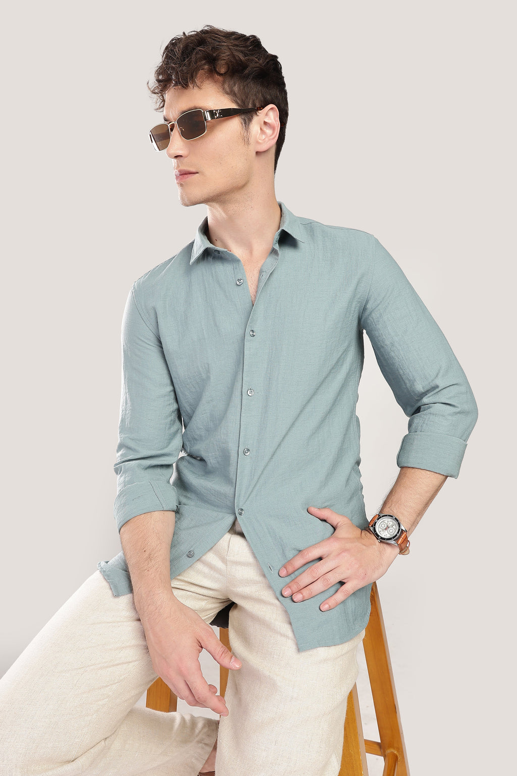 Men Linen Like Neps Shirts-Teal
