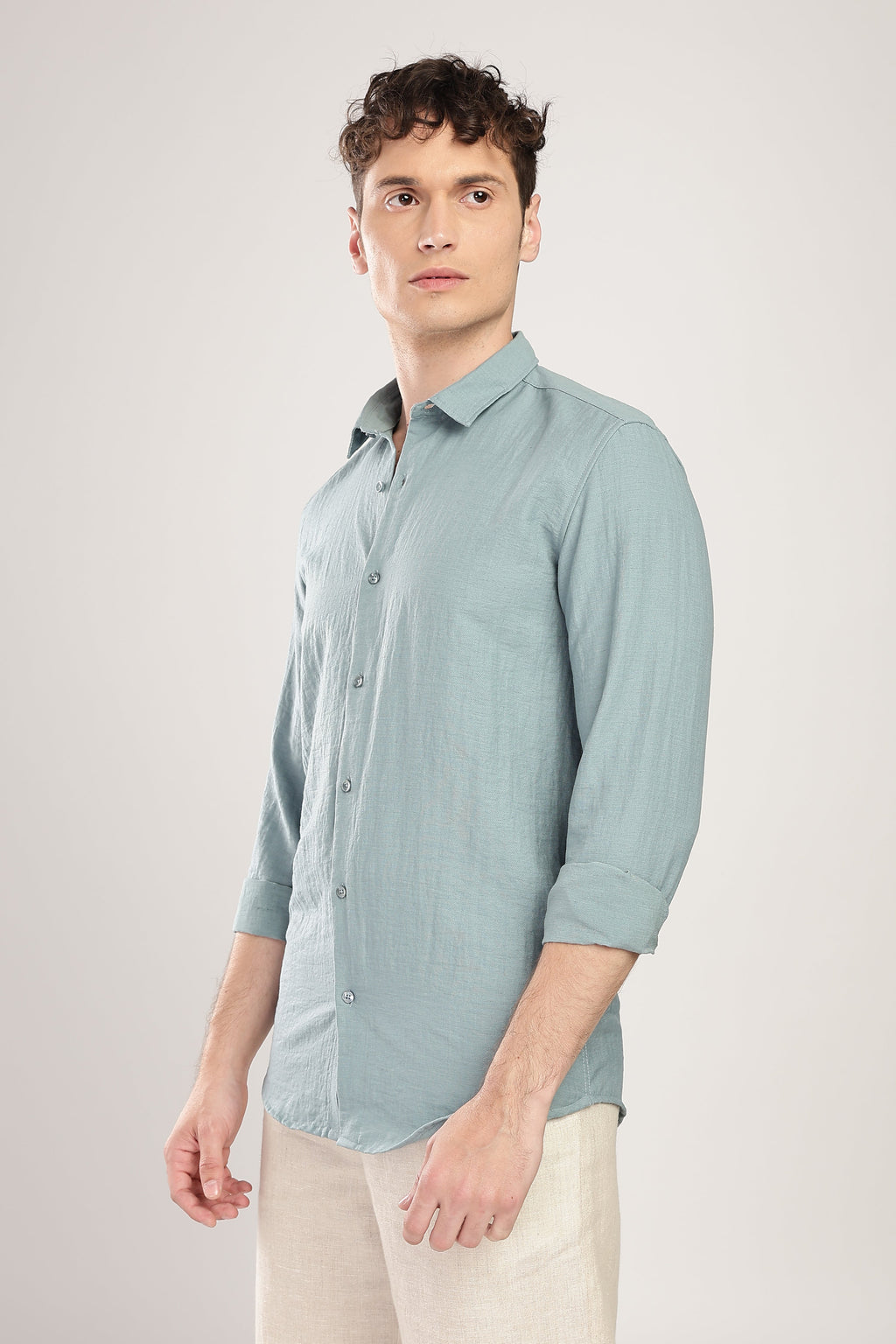 Men Linen Like Neps Shirts-Teal