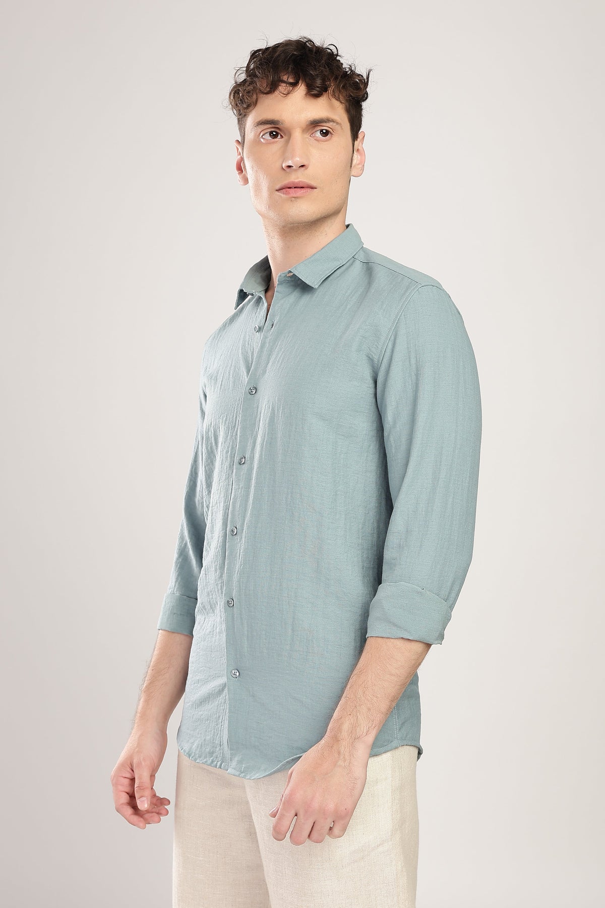 Men Linen Like Neps Shirts-Teal