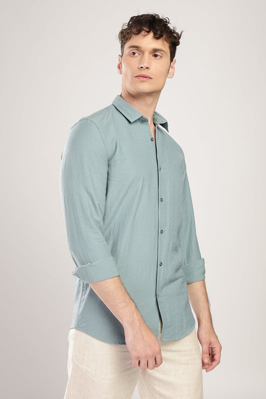 Men Linen Like Neps Shirts-Teal