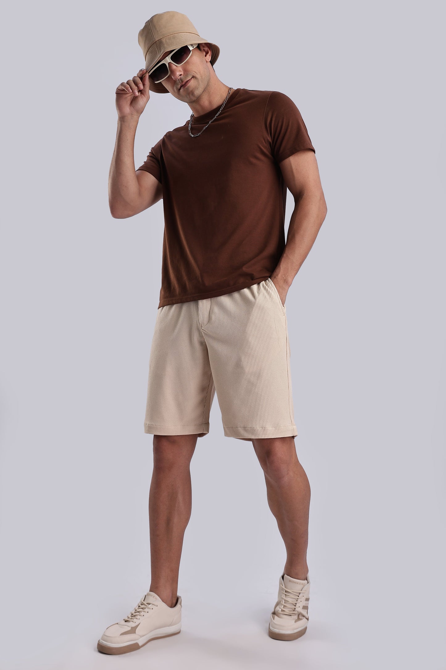 Men Jacquad Shorts-Beige