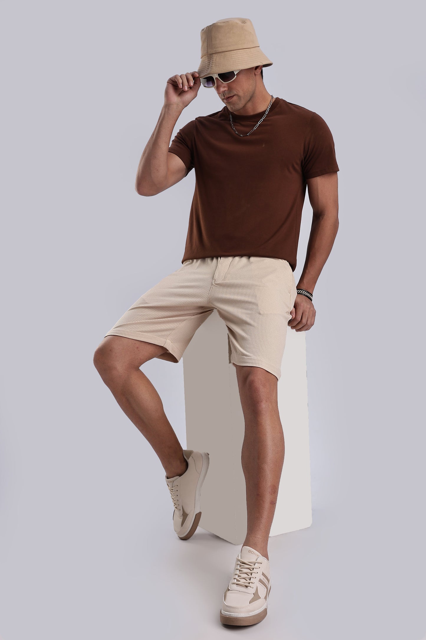 Men Jacquad Shorts-Beige