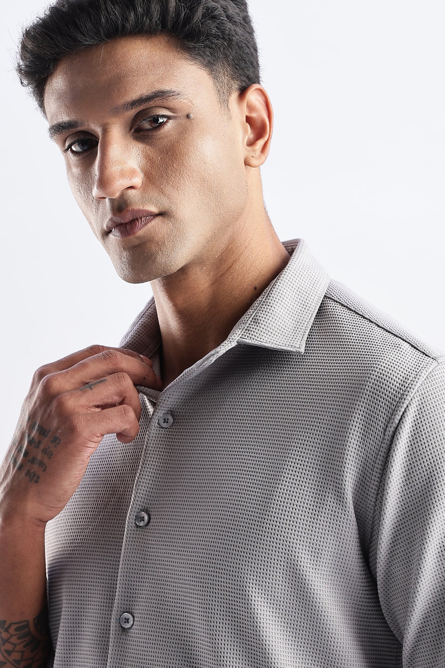 Men Waffle Dobby Shirts-Grey