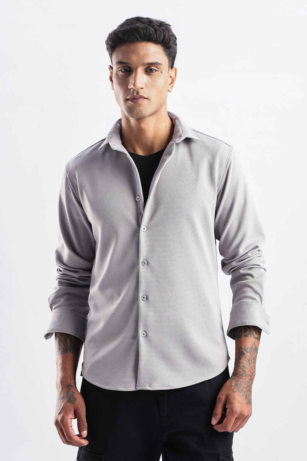 Men Waffle Dobby Shirts-Grey