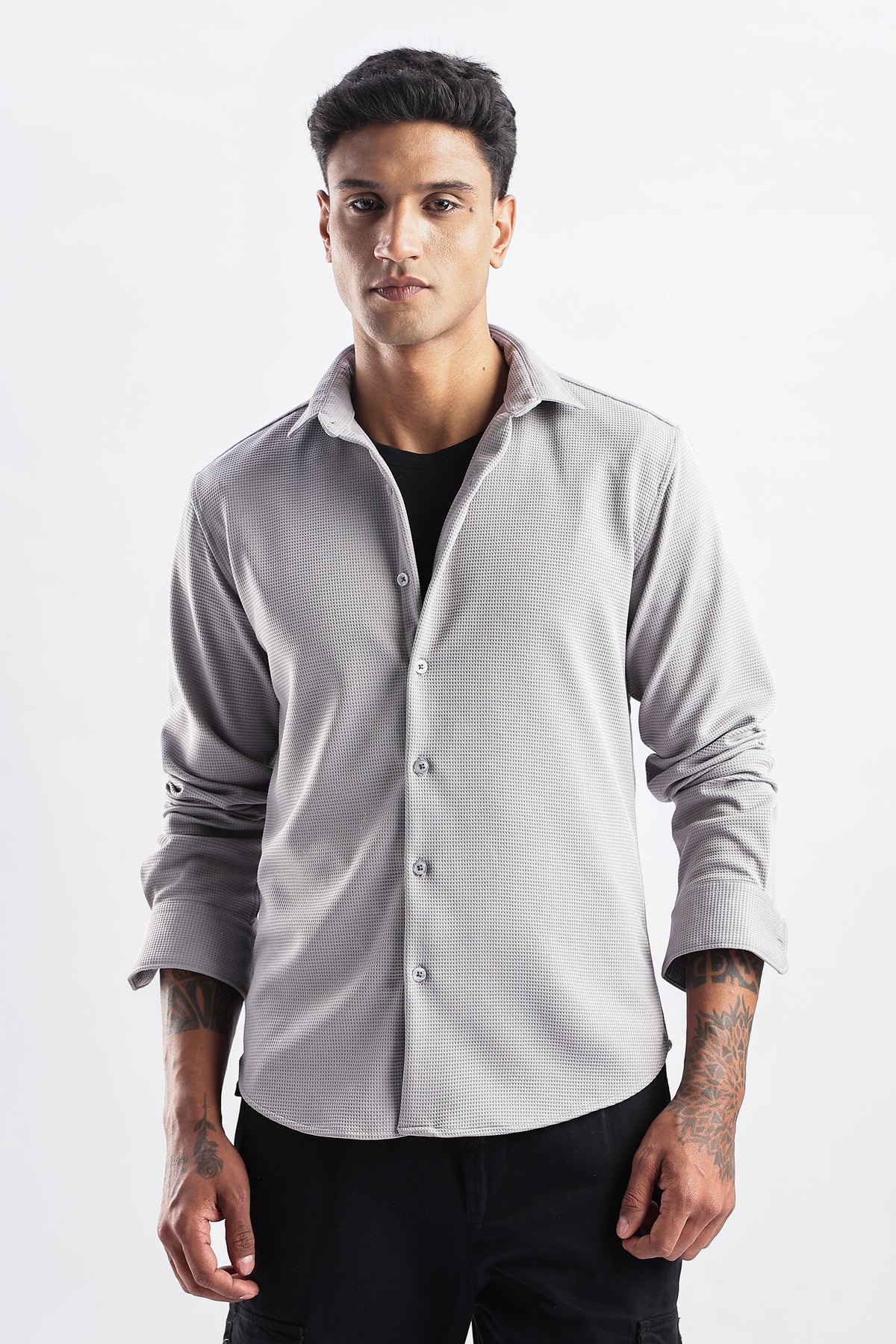 Men Waffle Dobby Shirts-Grey