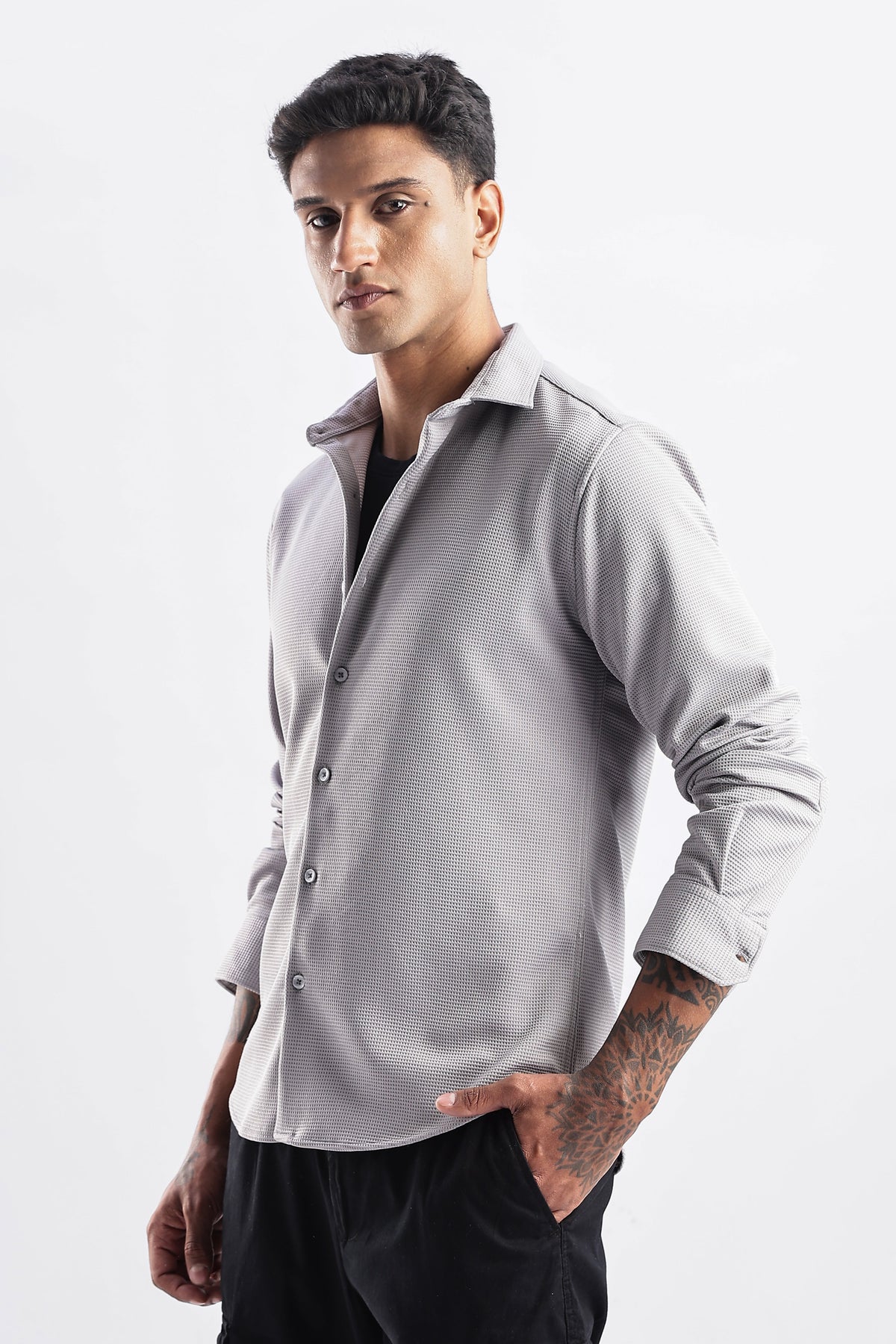 Men Waffle Dobby Shirts-Grey