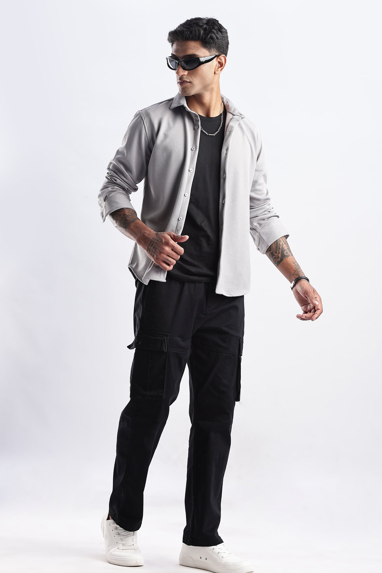 Men Waffle Dobby Shirts-Grey