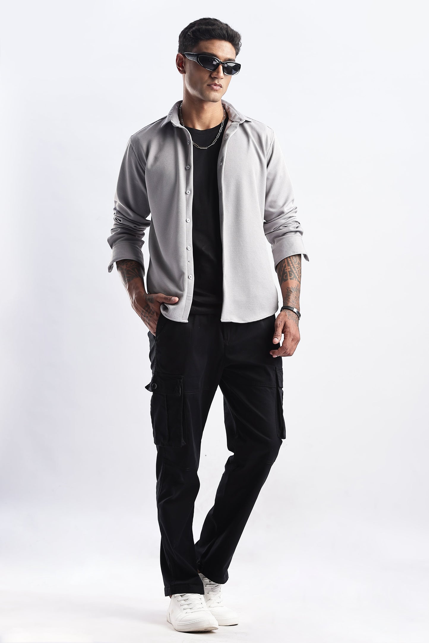 Men Waffle Dobby Shirts-Grey