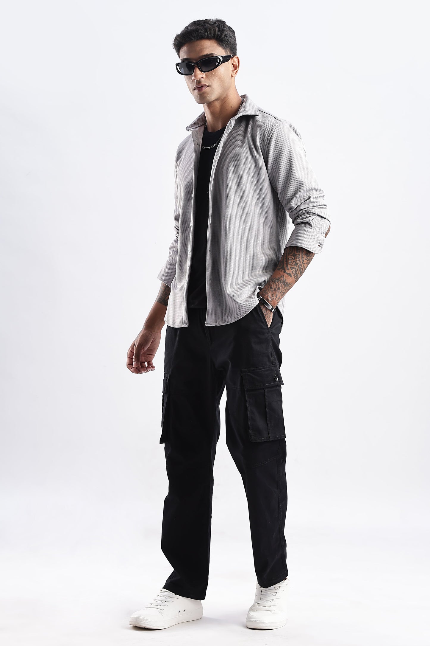 Men Waffle Dobby Shirts-Grey