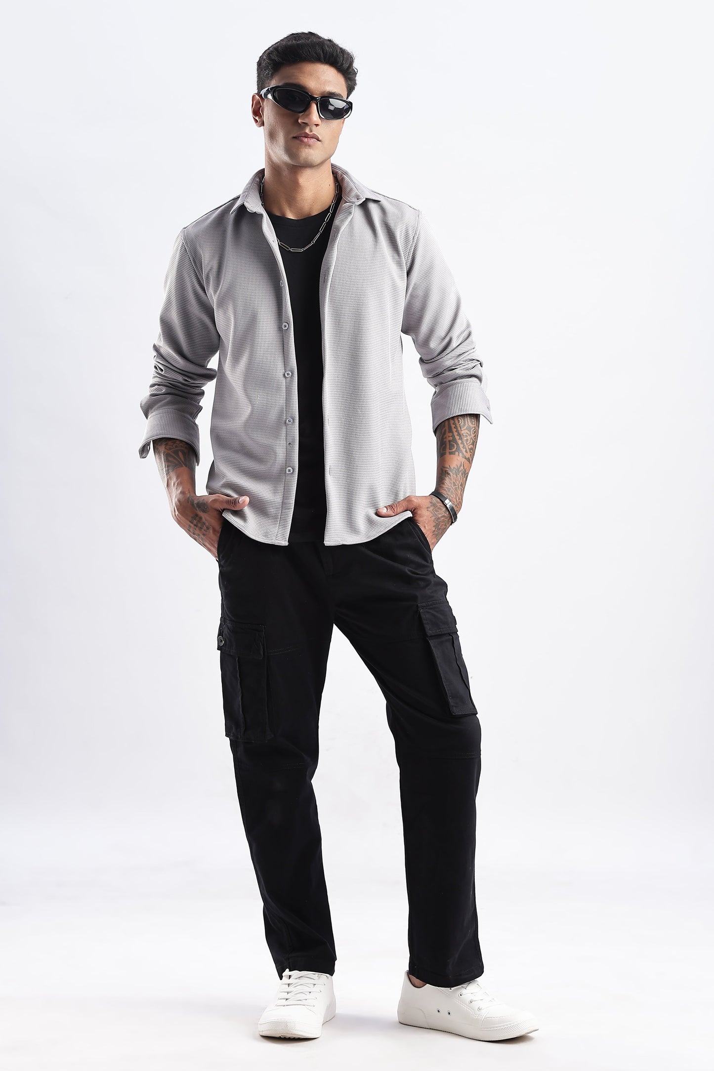 Men Waffle Dobby Shirts-Grey