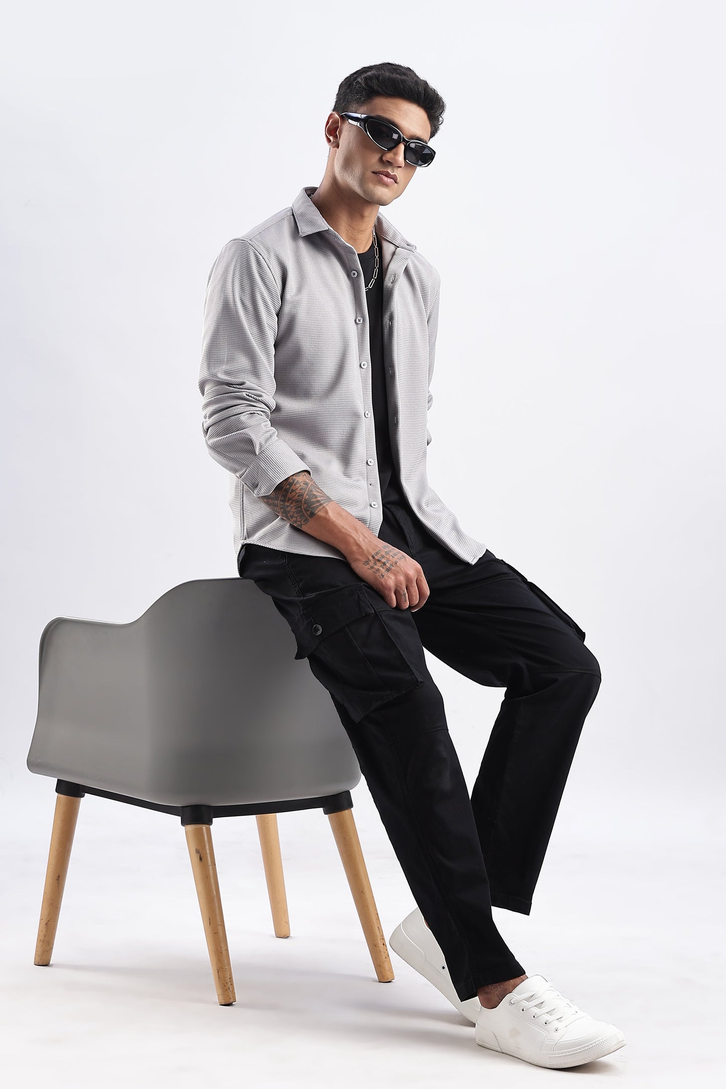 Men Waffle Dobby Shirts-Grey