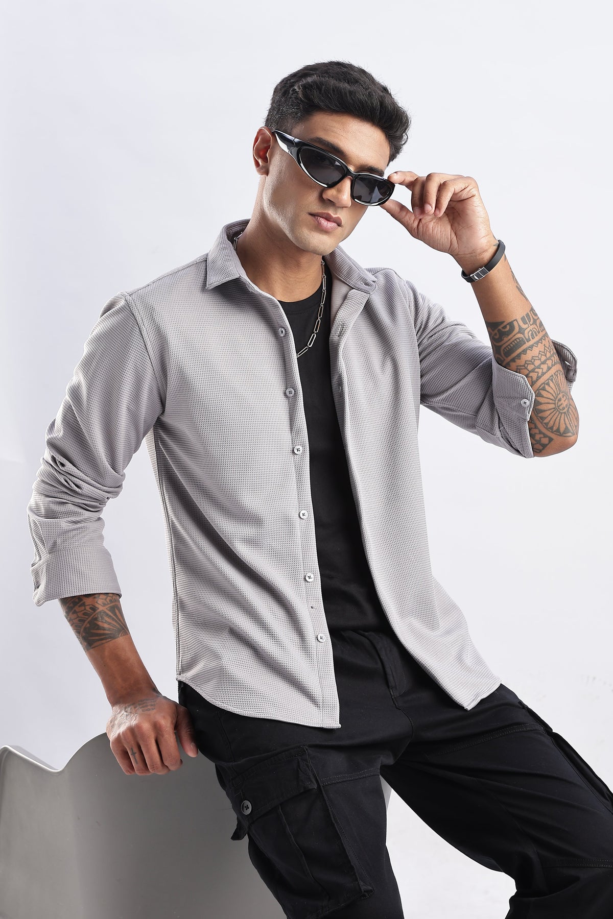 Men Waffle Dobby Shirts-Grey