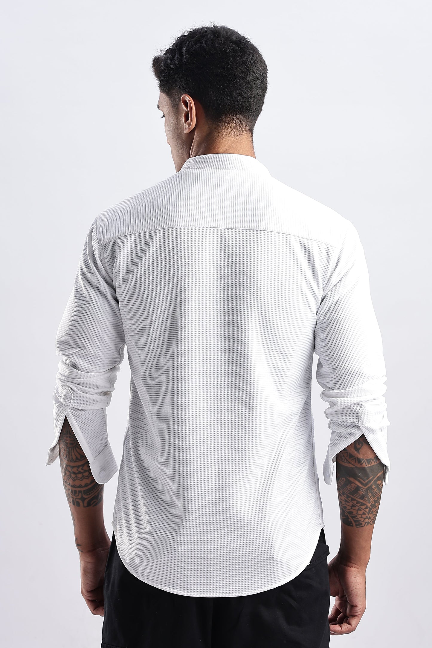 Men Waffle Dobby Shirts Mandarin Collar-White