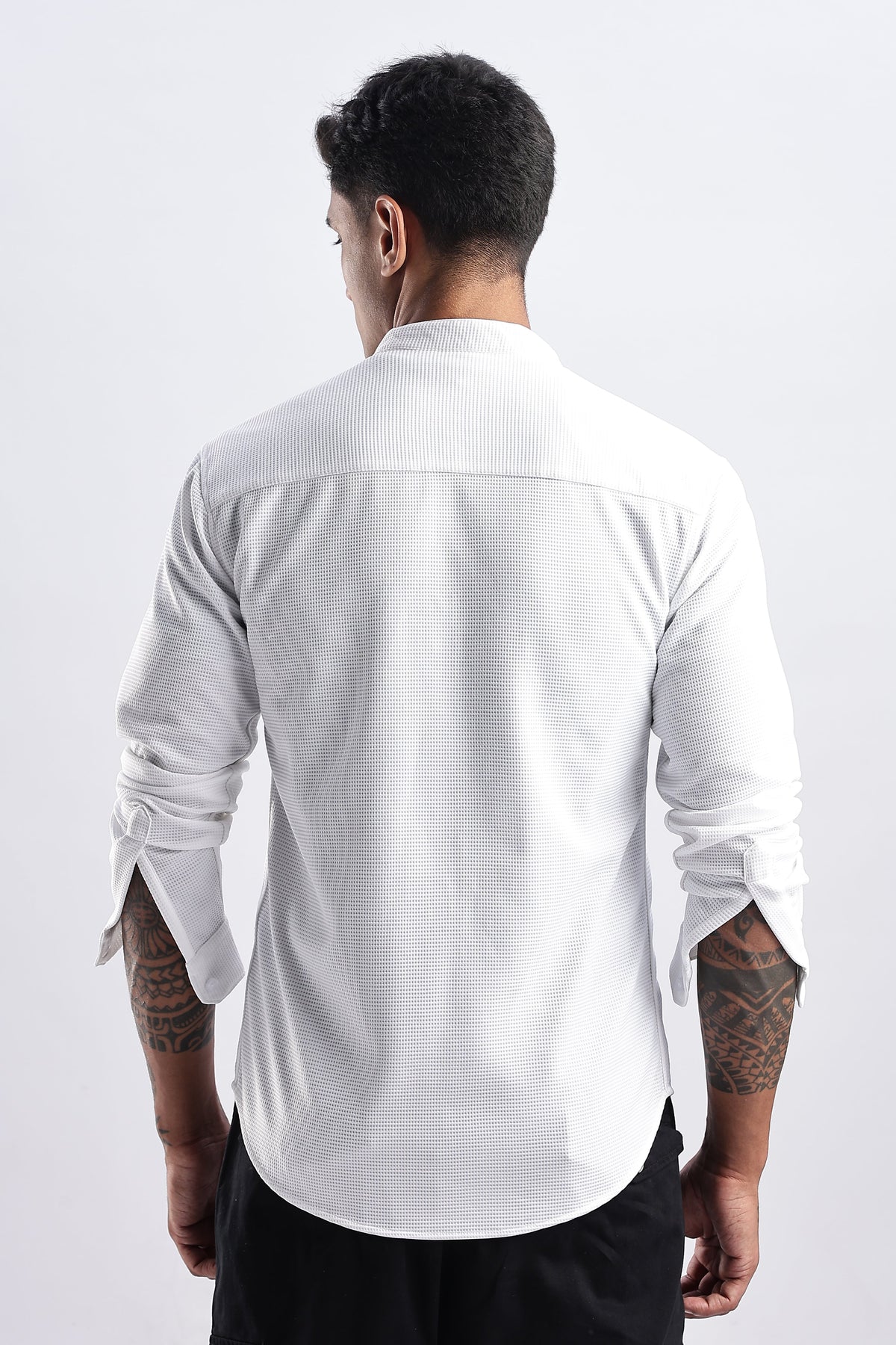 Men Waffle Dobby Shirts Mandarin Collar-White