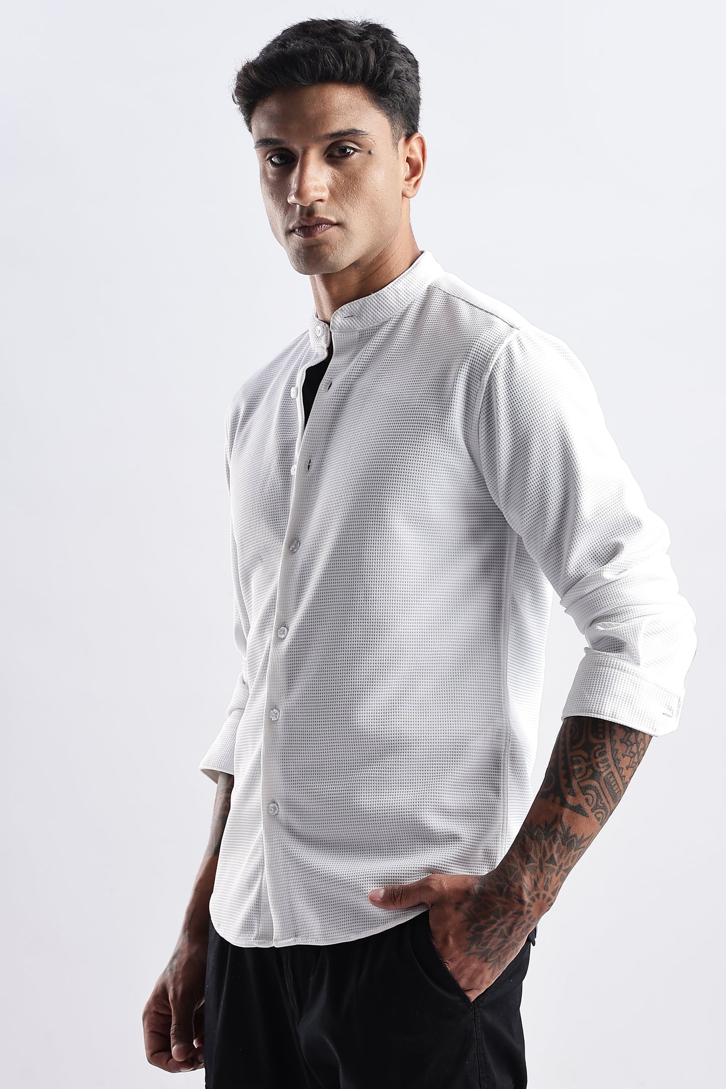 Men Waffle Dobby Shirts Mandarin Collar-White