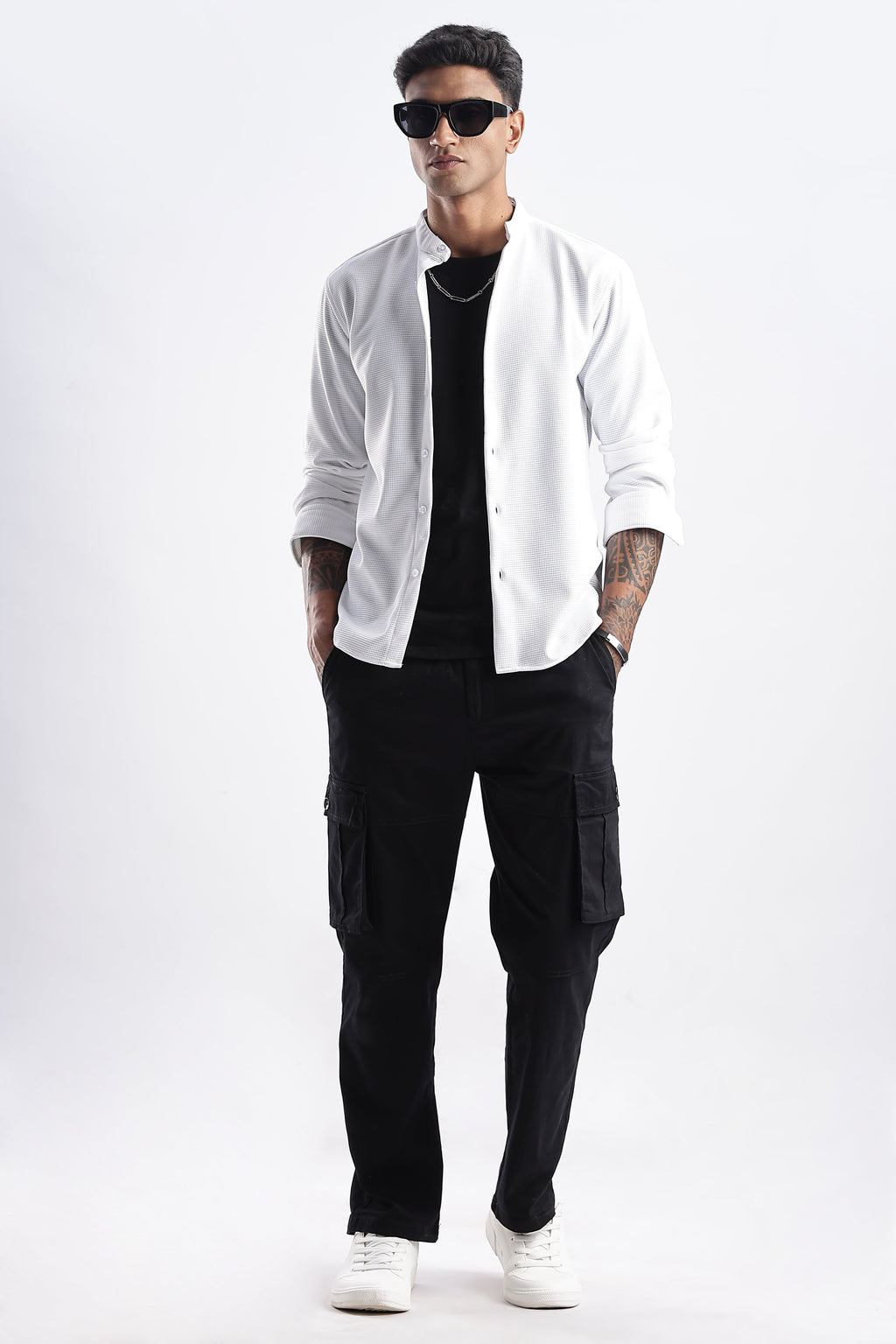 Men Waffle Dobby Shirts Mandarin Collar-White
