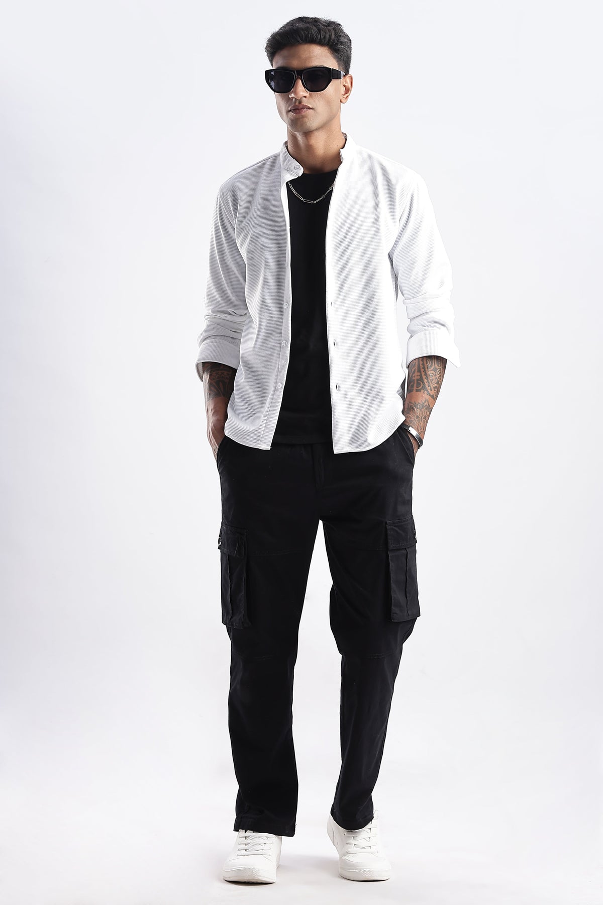 Men Waffle Dobby Shirts Mandarin Collar-White