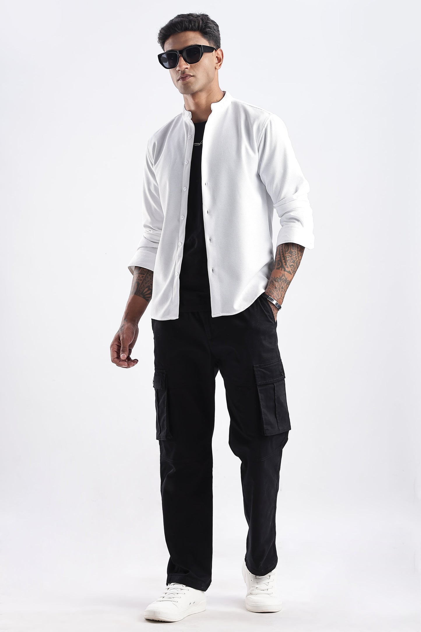 Men Waffle Dobby Shirts Mandarin Collar-White