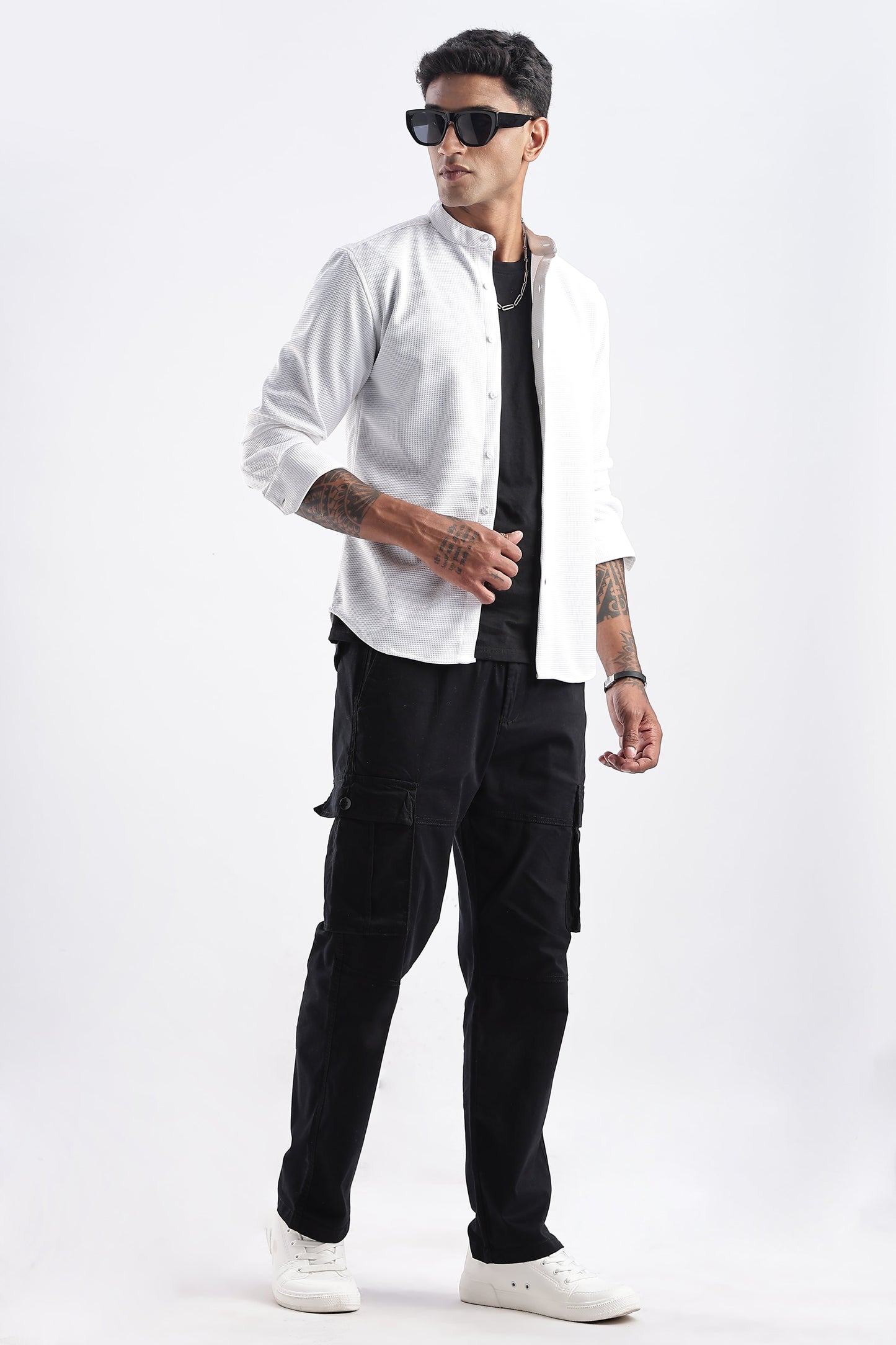 Men Waffle Dobby Shirts Mandarin Collar-White