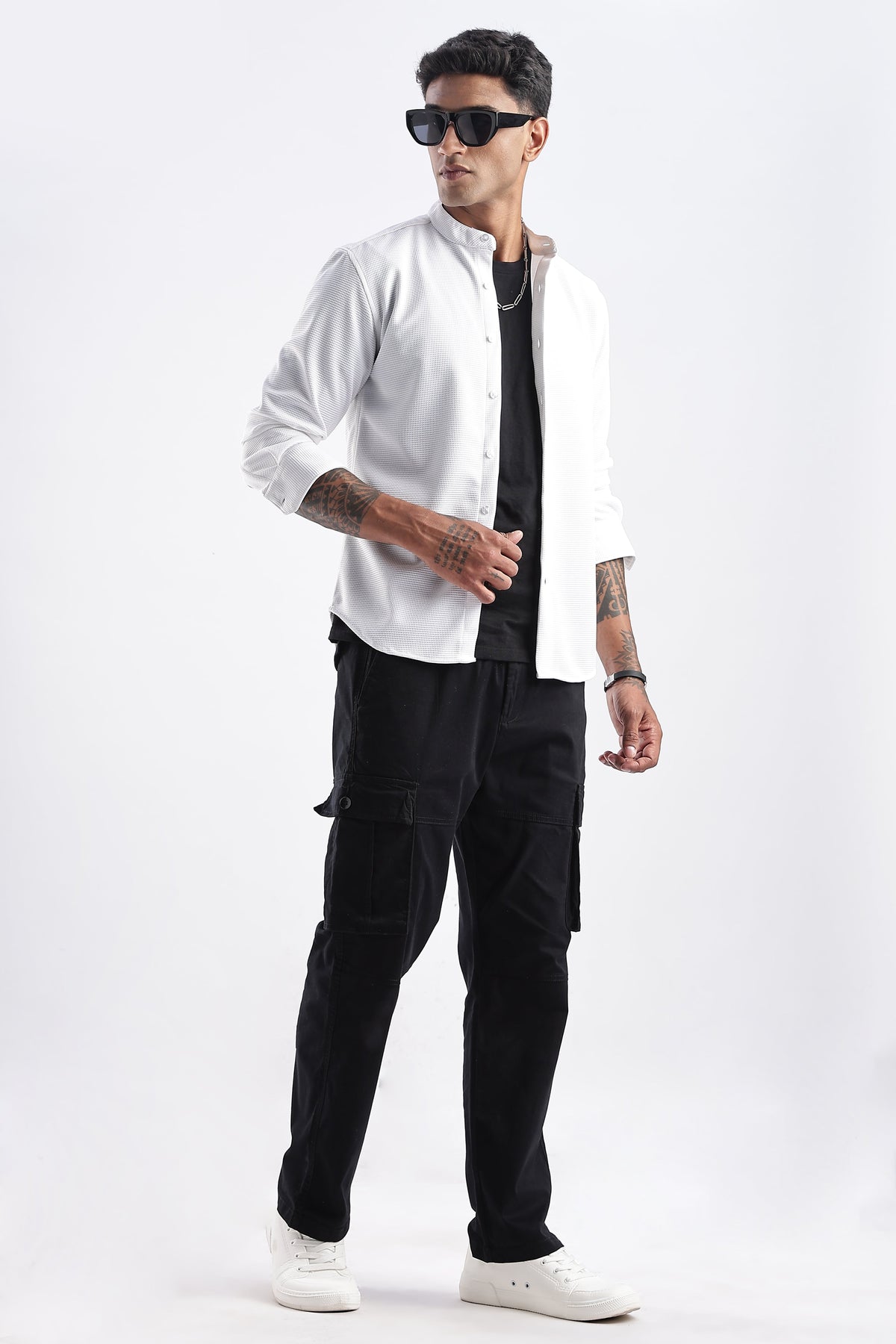 Men Waffle Dobby Shirts Mandarin Collar-White