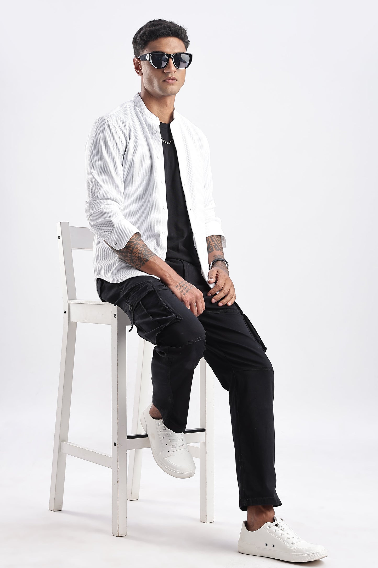 Men Waffle Dobby Shirts Mandarin Collar-White