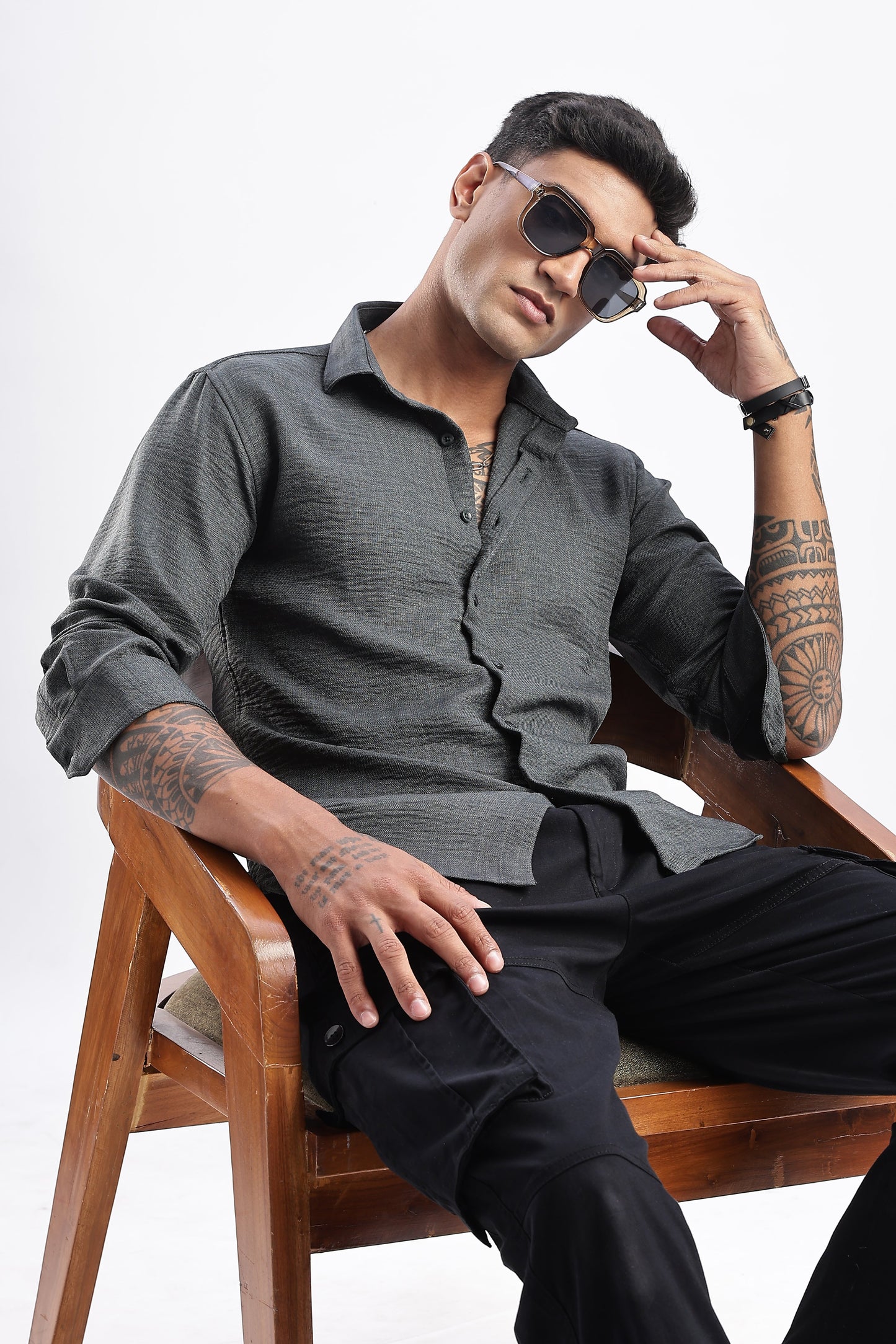 Men Milange Linen Look Shirts-Olive