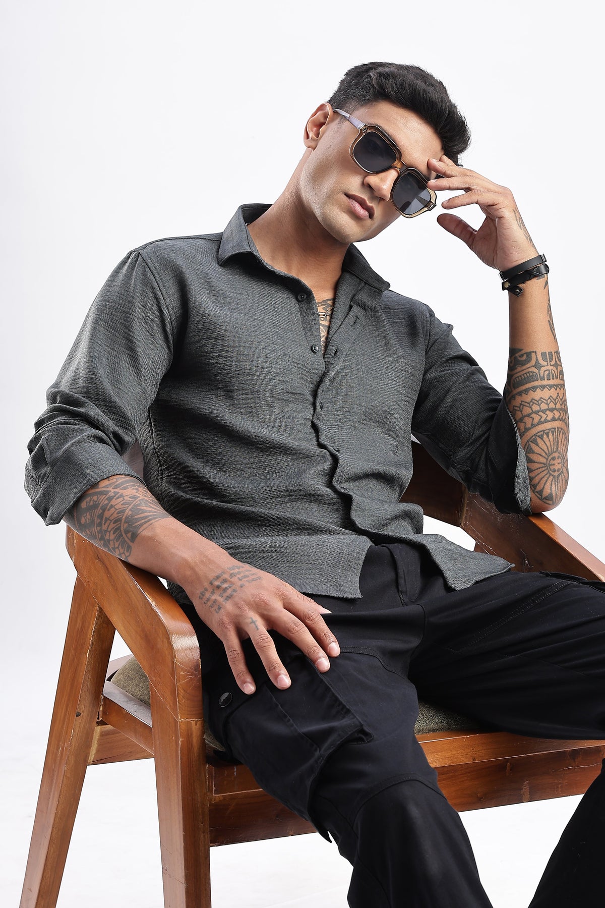 Men Milange Linen Look Shirts-Olive