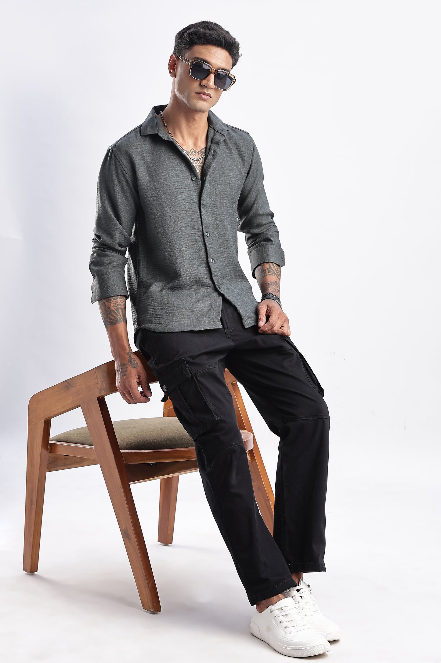 Men Milange Linen Look Shirts-Olive