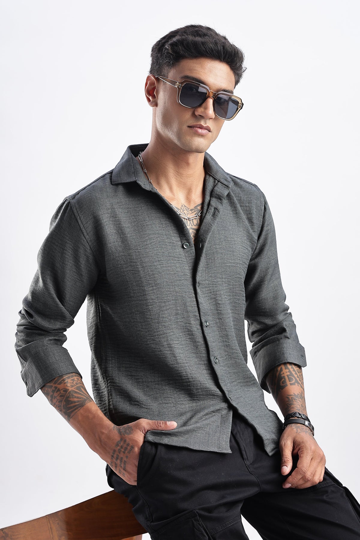 Men Milange Linen Look Shirts-Olive