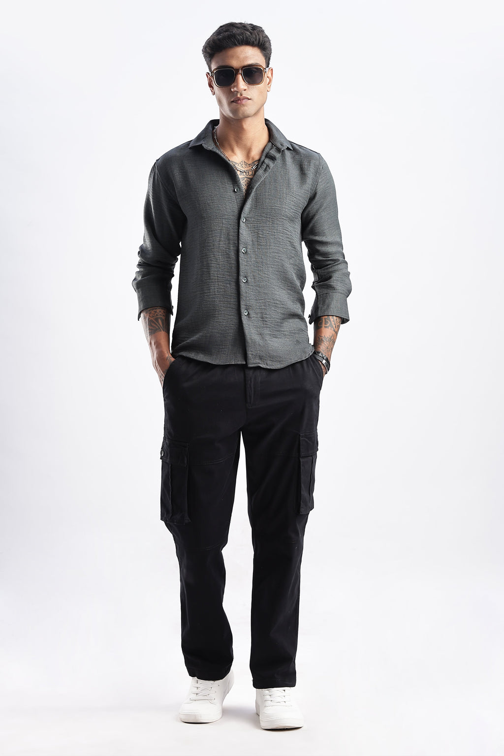 Men Milange Linen Look Shirts-Olive