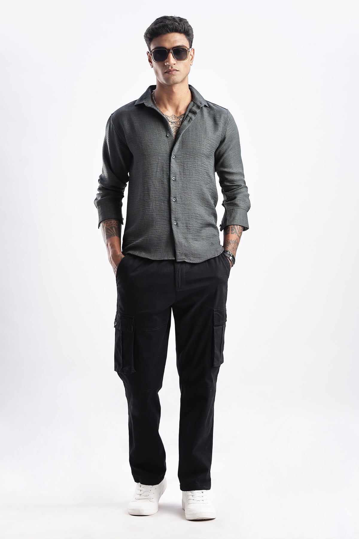 Men Milange Linen Look Shirts-Olive