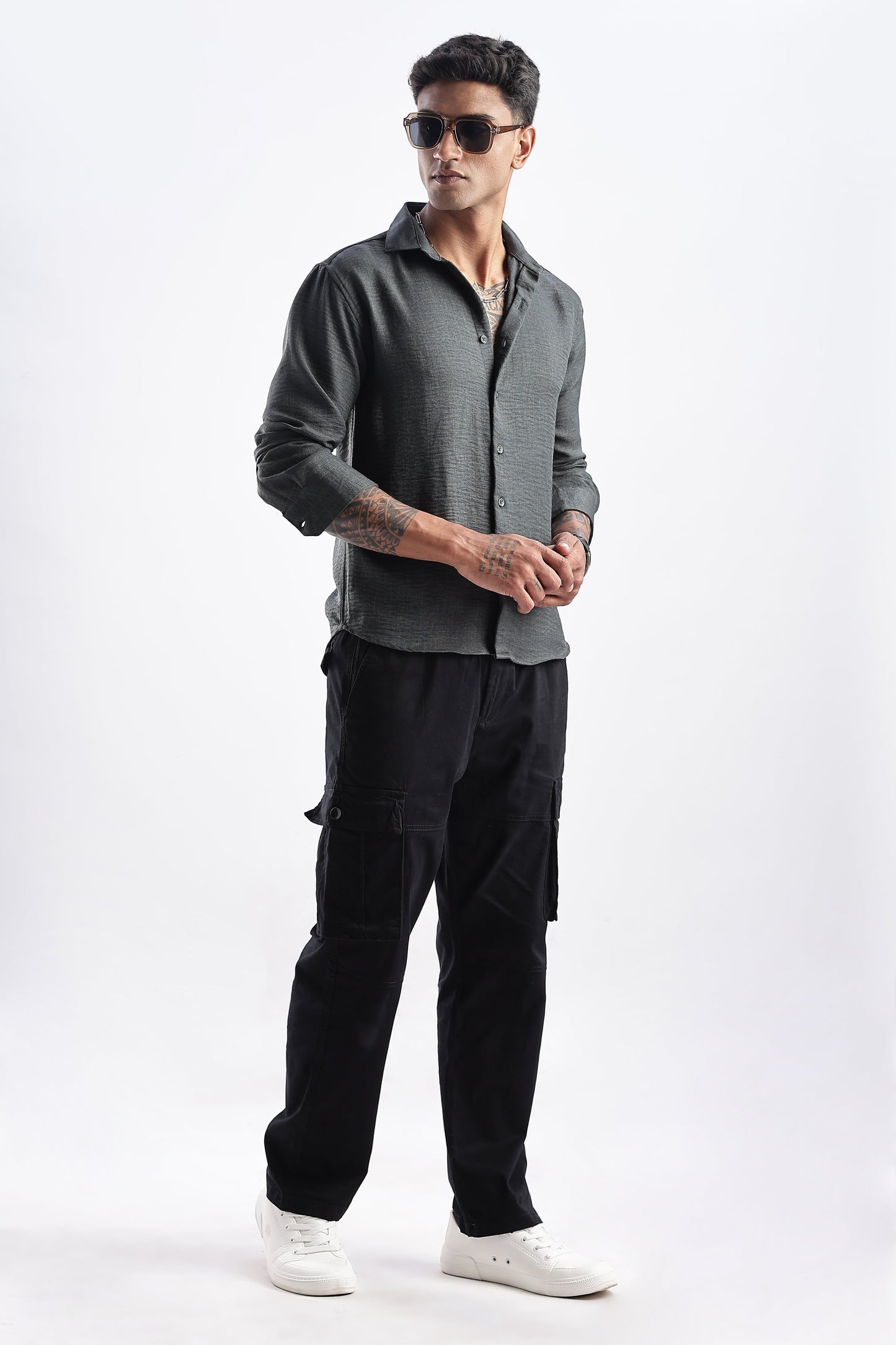 Men Milange Linen Look Shirts-Olive