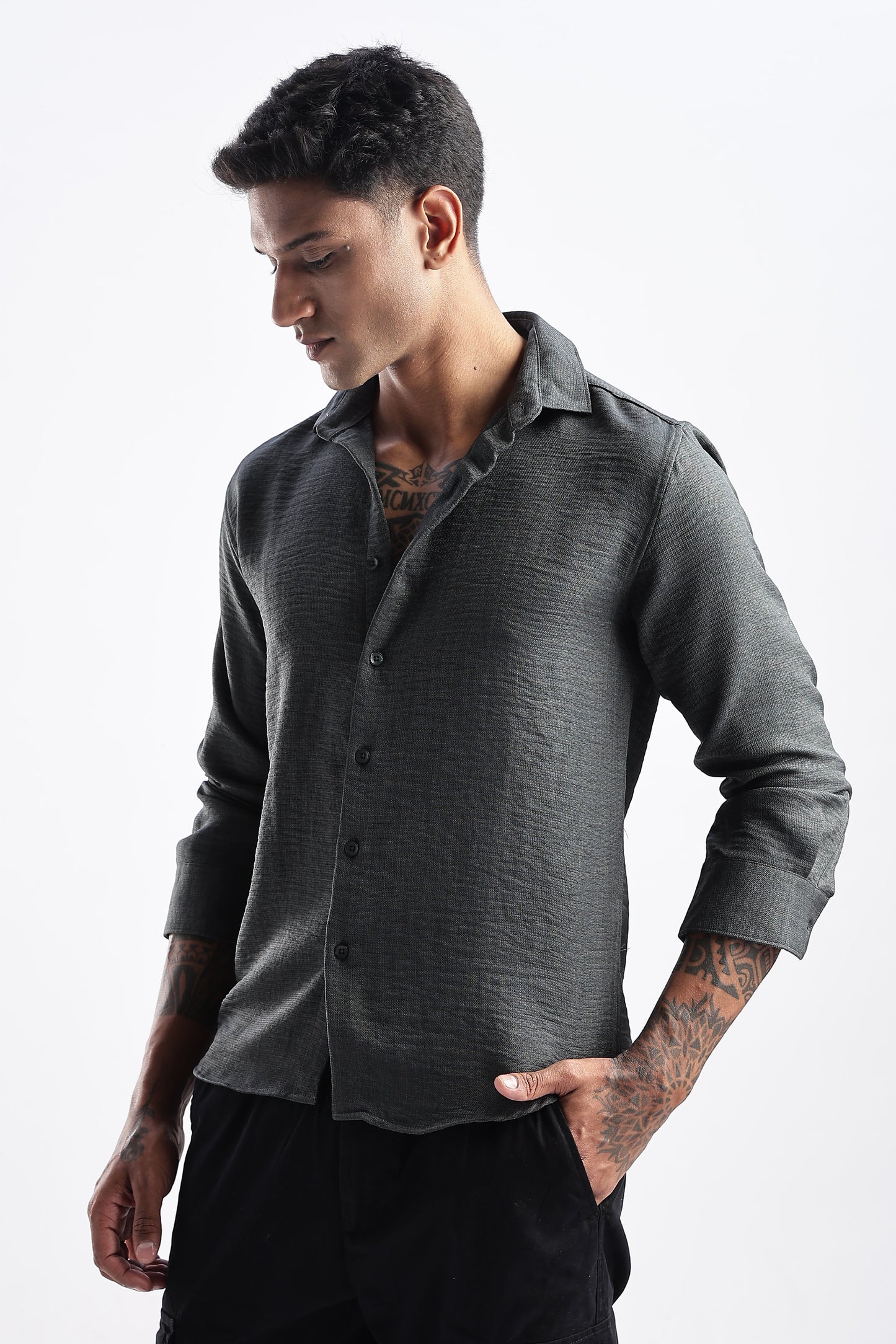 Men Milange Linen Look Shirts-Olive