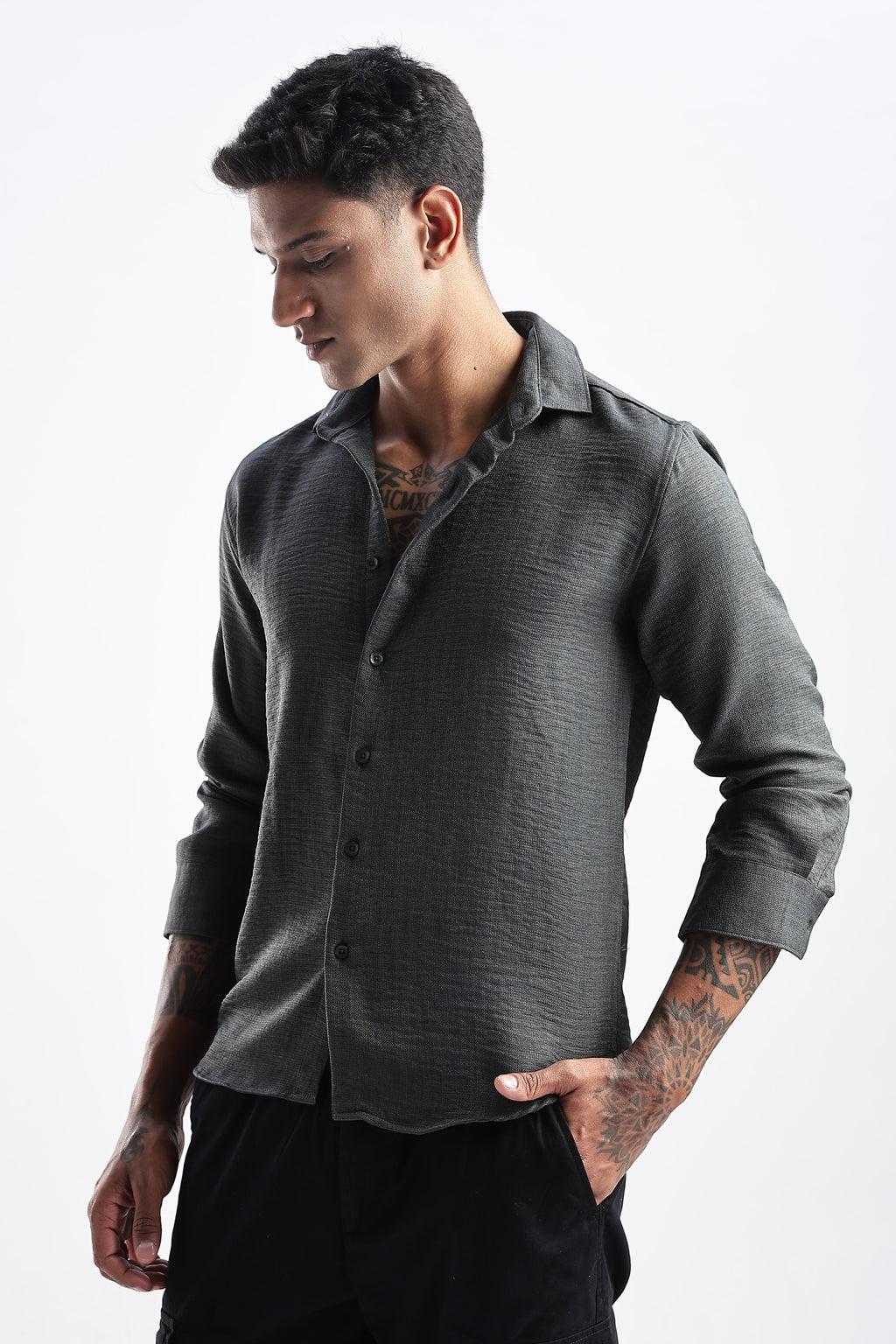 Men Milange Linen Look Shirts-Olive