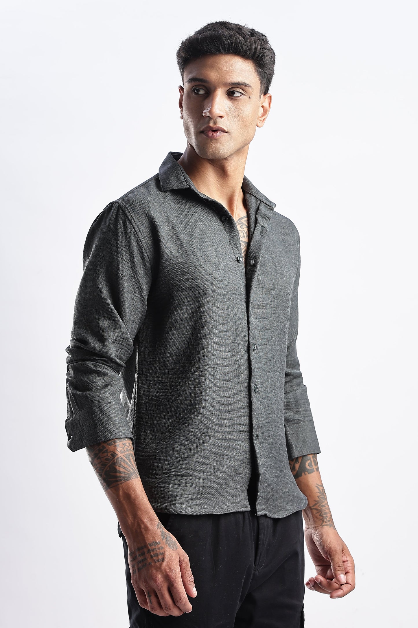 Men Milange Linen Look Shirts-Olive