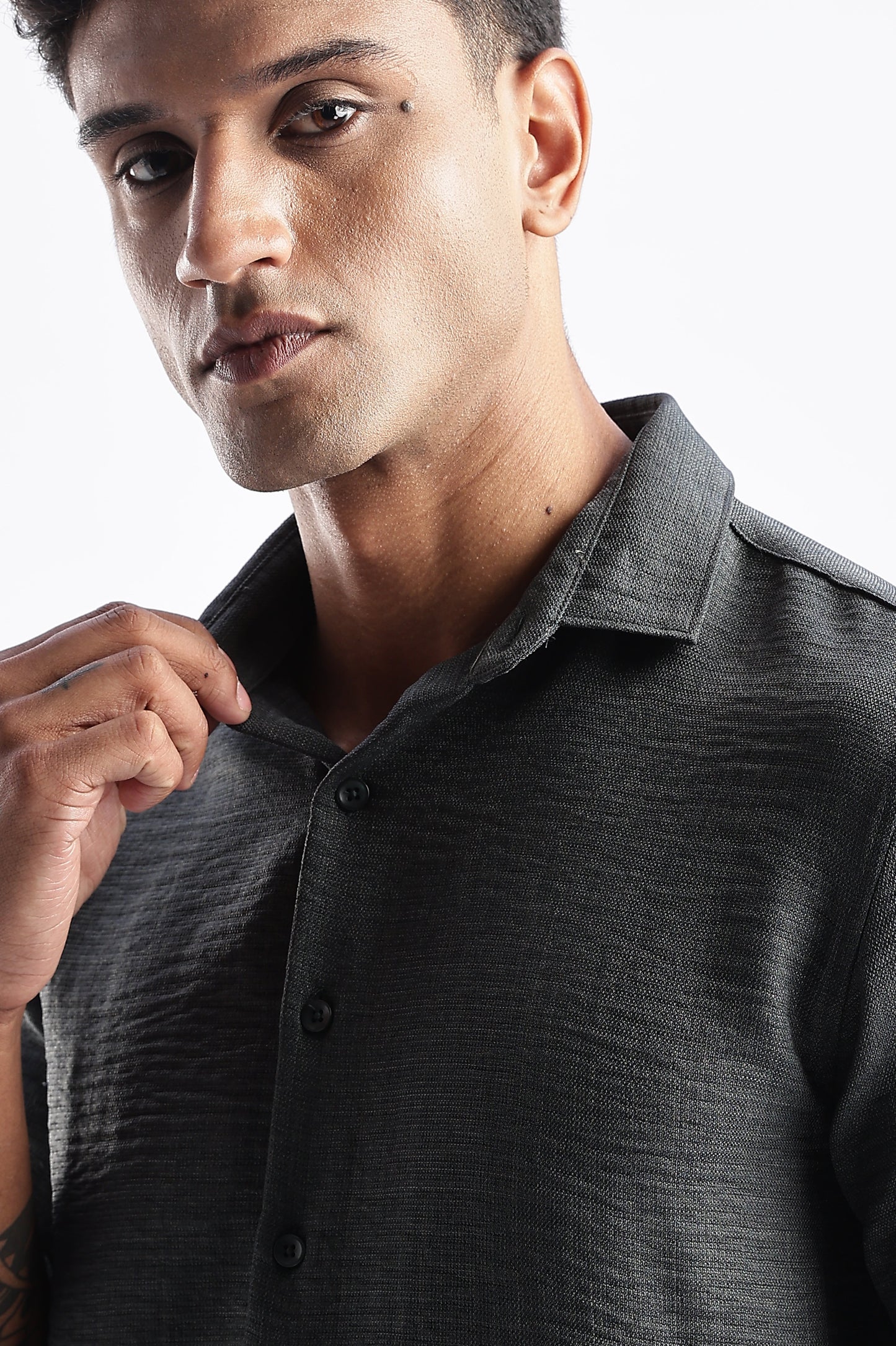 Men Milange Linen Look Shirts-Olive