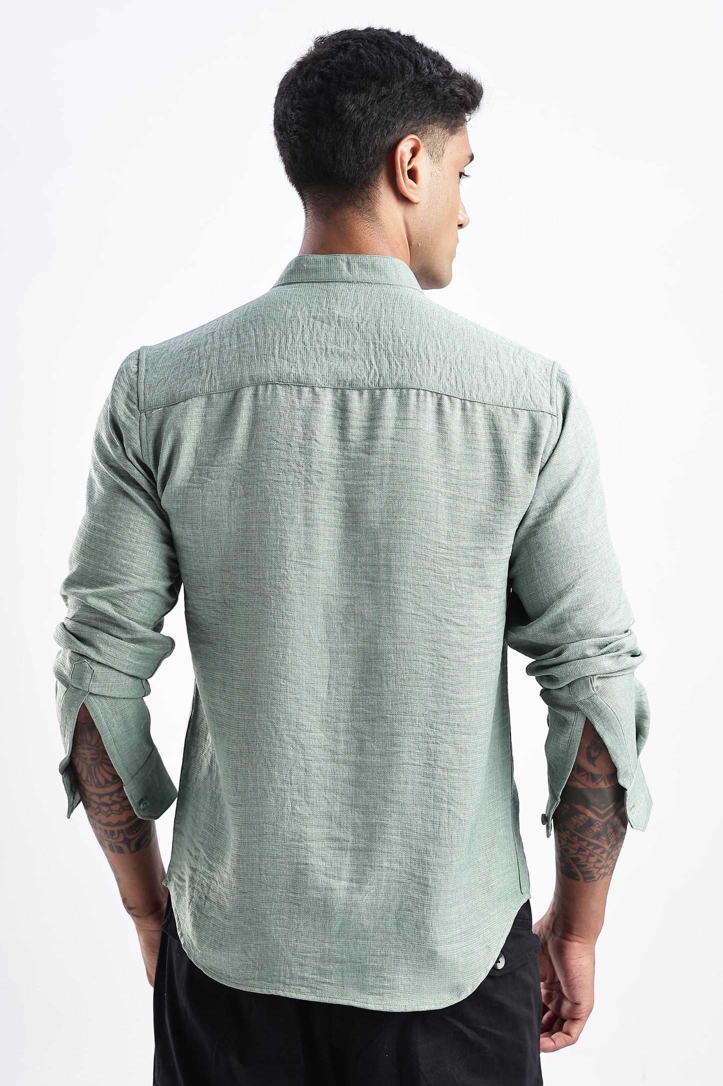 Men Milange Linen Look Shirts Mandarin Collar-Lt Olive