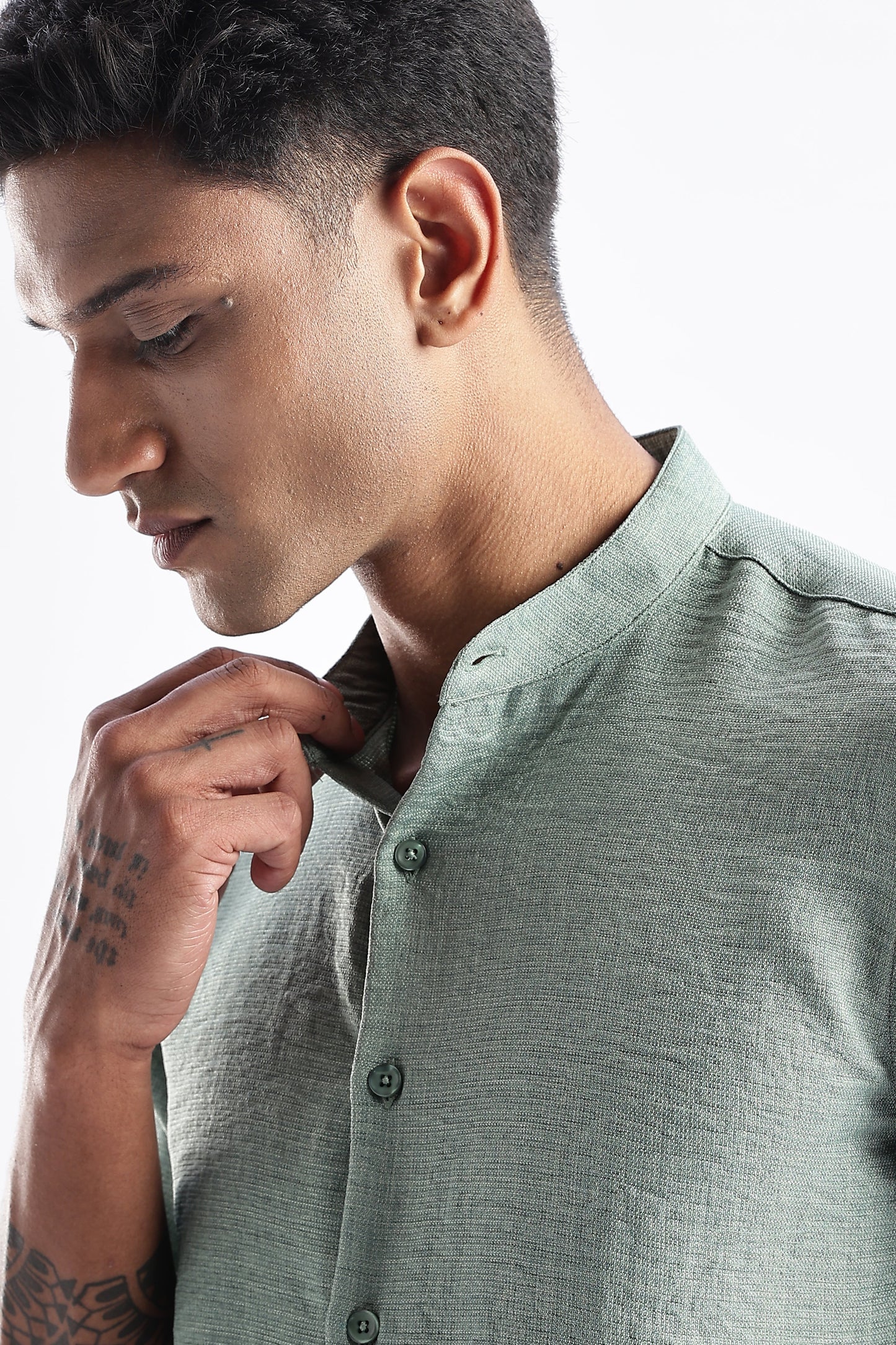 Men Milange Linen Look Shirts Mandarin Collar-Lt Olive
