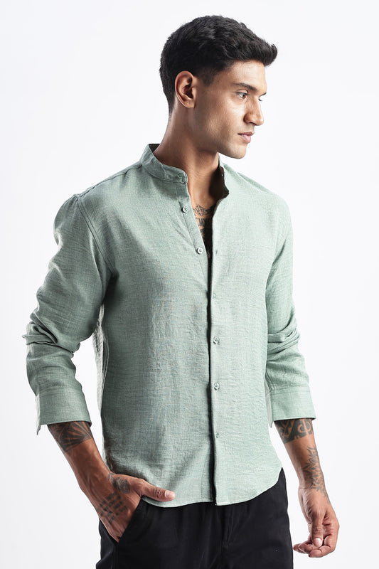 Men Milange Linen Look Shirts Mandarin Collar-Lt Olive
