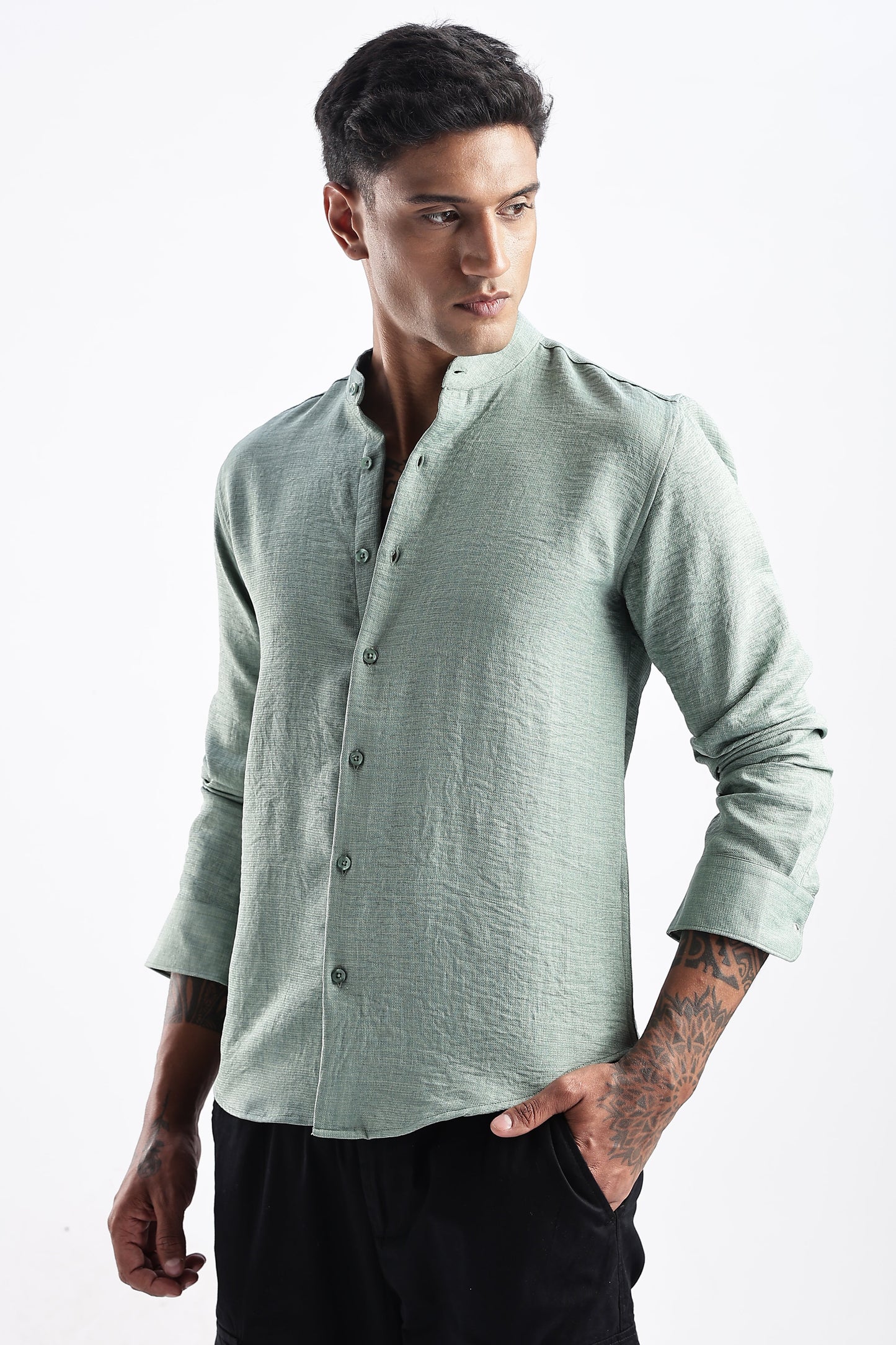Men Milange Linen Look Shirts Mandarin Collar-Lt Olive
