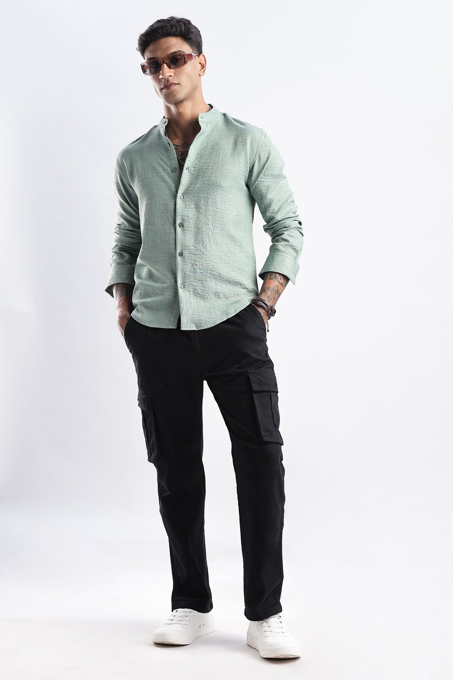 Men Milange Linen Look Shirts Mandarin Collar-Lt Olive