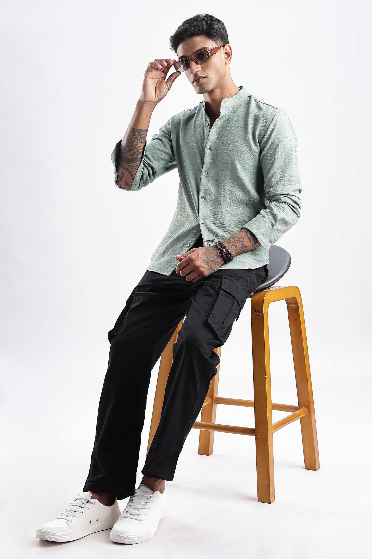 Men Milange Linen Look Shirts Mandarin Collar-Lt Olive