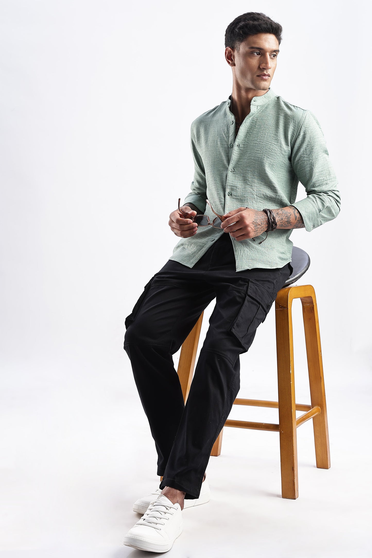 Men Milange Linen Look Shirts Mandarin Collar-Lt Olive
